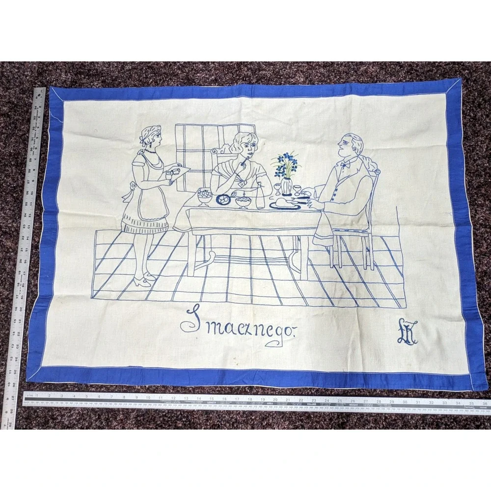 Vintage Polish Smacznego Hand Embroidered Wall Hanging Blue White Folk Art 35x24